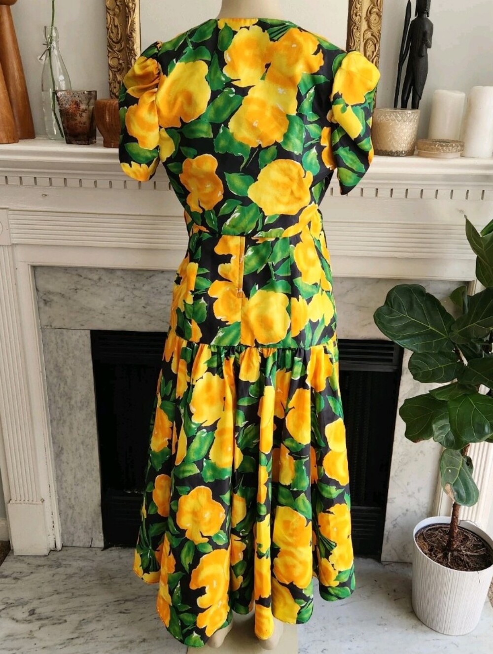 Vintage 90s Yellow Floral Dress Set Size 8 Taffeta Ruffle Bolero Resort Vacation - Picture 12 of 14